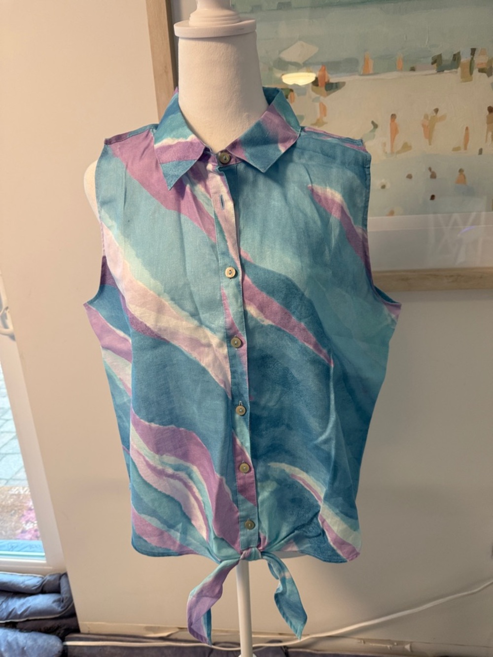 NWT 🌸 Chico's Sleeveless Tie-Hem Collared Blouse - Blue & Purple Wave Size 2 (L)